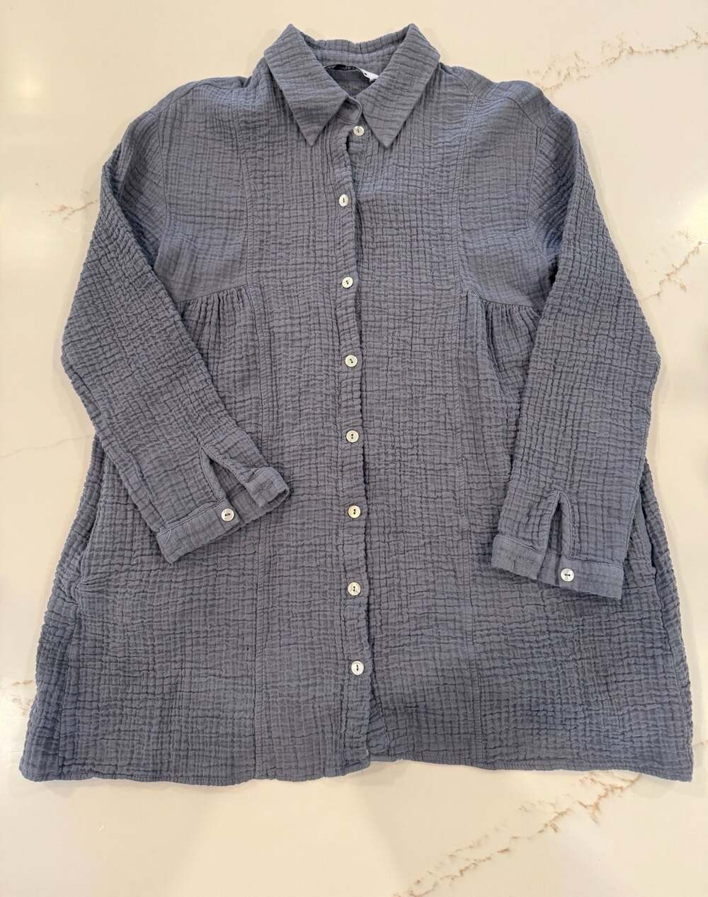 Zara Blue Textured Gauze Button-Down Tunic Shirt Size XS